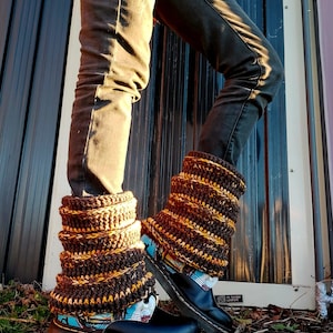 Pair of loose brown/orange gradient gaiters made entirely by hand, crochet image 1