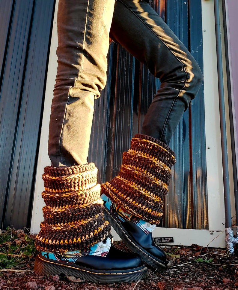 Pair of loose brown/orange gradient gaiters made entirely by hand, crochet image 1