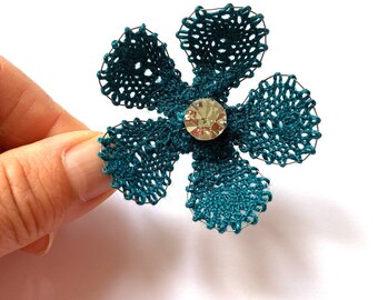 Flower-shaped fibula brooch made of bobbin lace, dark ocher linen thread and Swarovski rhinestones for women