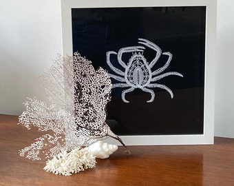 Bobbin lace creation Spider crab in white cotton thread