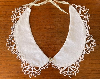 Col claudine amovible ajustable en drap de coton vintage blanc bordé de dentelle aux fuseaux fait main pour femme