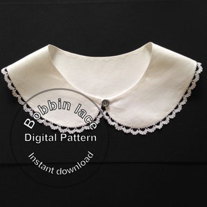 Patrón digital para un cuello grande ribeteado con encaje de bolillos a crochet con instrucciones de trabajo en francés e inglés.