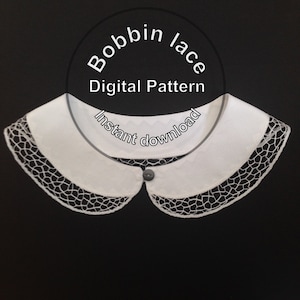 Patrón digital para cuello desmontable ribeteado con encaje de bolillos, modelo "paneles agrietados", con instrucciones de elaboración en francés e inglés.