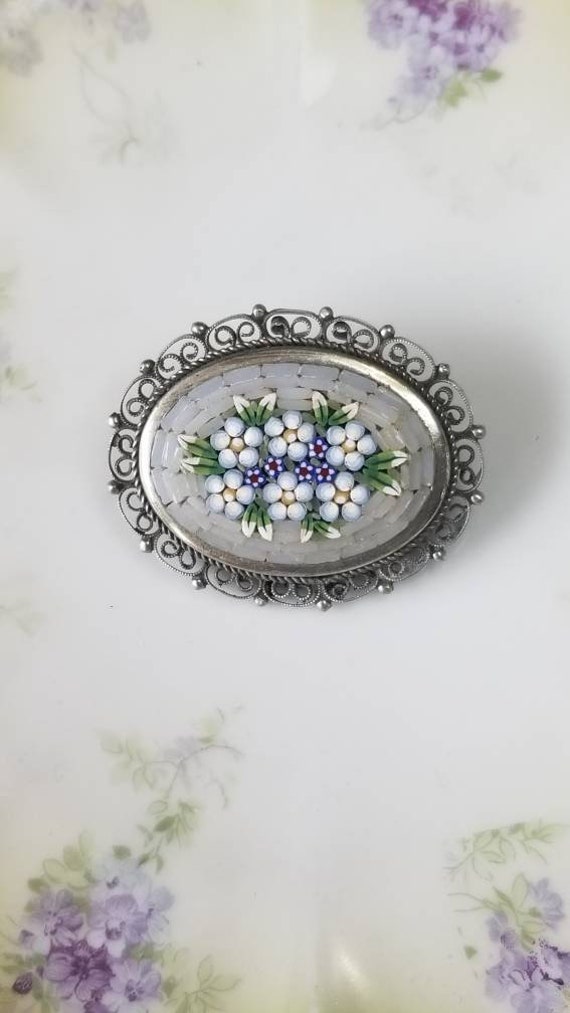 60s floral oval micro mosaic brooch