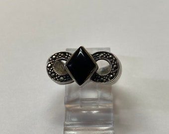 Vintage Sterling , Marcasite and Onyx Ring