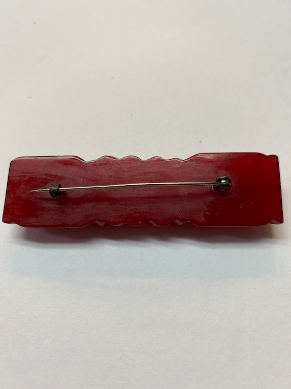 Vintage Red Carved Bakelite Bar Pin - image 2