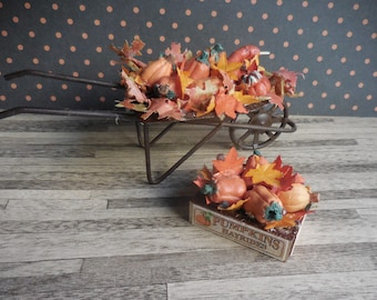 Wheelbarrow with Fall Leaves & Pumpkins ~ Crate with Pumpkins ~  Dollhouse Miniature