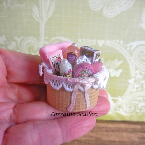 Dollhouse Miniature ~ Lady's Pink Toiletry Basket