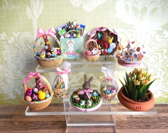 Dollhouse Miniatures ~ Easter Baskets, Small and Large, Grapevine Wreath, Wheel Barrow ~ Tulips