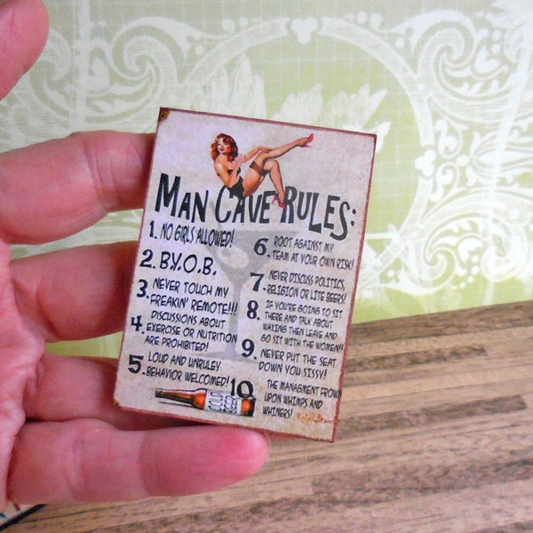 Man Cave Rules Sign ~ Dollhouse Miniature ~ Wood