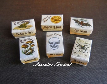 May include: Six small white boxes with black and brown lettering and images. The boxes are labeled "Poisonous Bodies & Legs", "Poisonous Toadstools", "Filtered Moon Dust", "Moon Dust", "Bone Powder", "Bat Wings", and "Spiders".