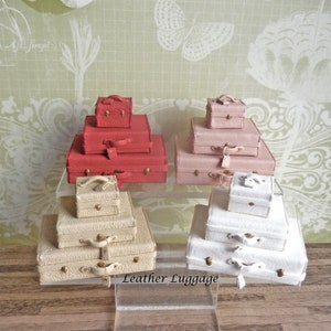 May include: Set of miniature leather luggage in pink, red, and cream. The luggage is stacked in three piles of four pieces each. The luggage is arranged on a clear acrylic shelf with a wooden floor underneath. The text "Leather Luggage" is printed on the shelf.