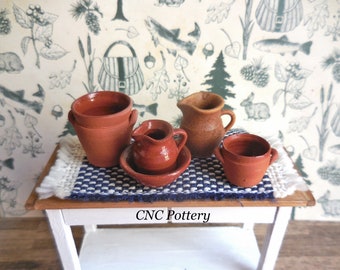 Glazed Redware Pottery ~ Crocks ~ Pitcher and Bowl  ~ Caroline Nygren Curran ~ Dollhouse Miniature