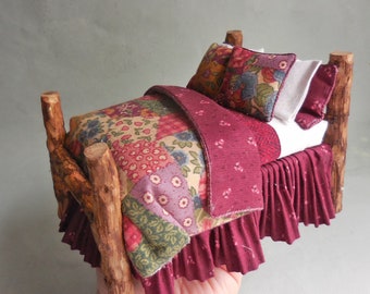 Country Quilt Adirondack Log Bed ~ Rustikal ~ Cabin ~ Cabin ~ Puppenhausminiatur