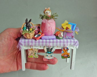 Dollhouse Miniature Easter Party Table Filled With Goodies, Party, Artisan made, 1:12