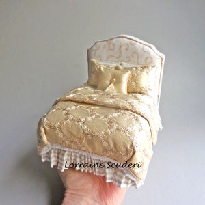 Beige Ribbon and Lace Upholstery Bed ~ Dollhouse Miniature ~ Made To Order