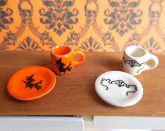 Sorcière d'Halloween ~ Ensemble de tasses et d'assiettes fantômes ~ Miniatures pour maison de poupée