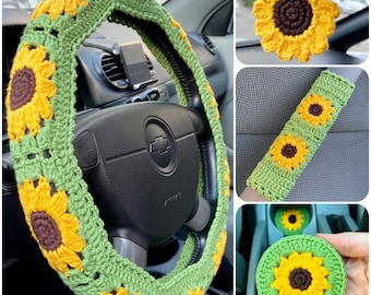 Crochet Sunflower steering wheel cover set for women + Gift car charms rear view mirror. Steering wheel cover boho.Car accessories for women