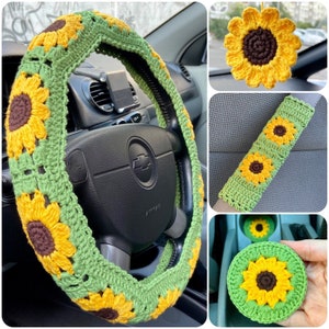 Crochet Sunflower steering wheel cover set for women + Gift car charms rear view mirror. Steering wheel cover boho.Car accessories for women