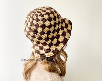 Crochet Checkered Cotton Bucket Hat, Crochet hat with brim