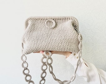 Crochet Clasp Bag: Cotton Lurex Handbag with Adjustable Chain