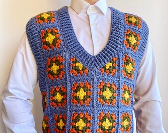 Men's Crochet Granny Square Wool Vest: Handmade Unisex Sweater