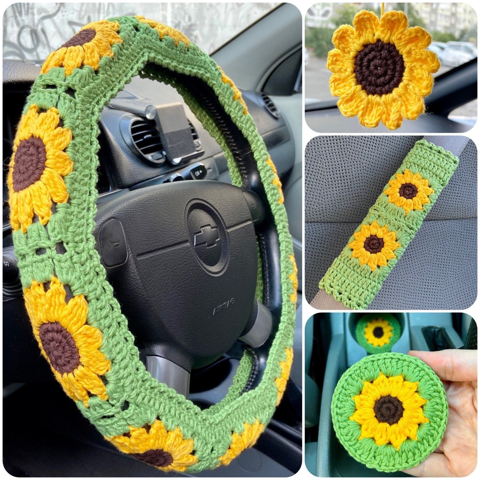 Cute Crochet Steering Wheel Covers for Women 14-15'' Sunflower Handmade  Gift Granny Square Car Interior Decoration Wheel Covers