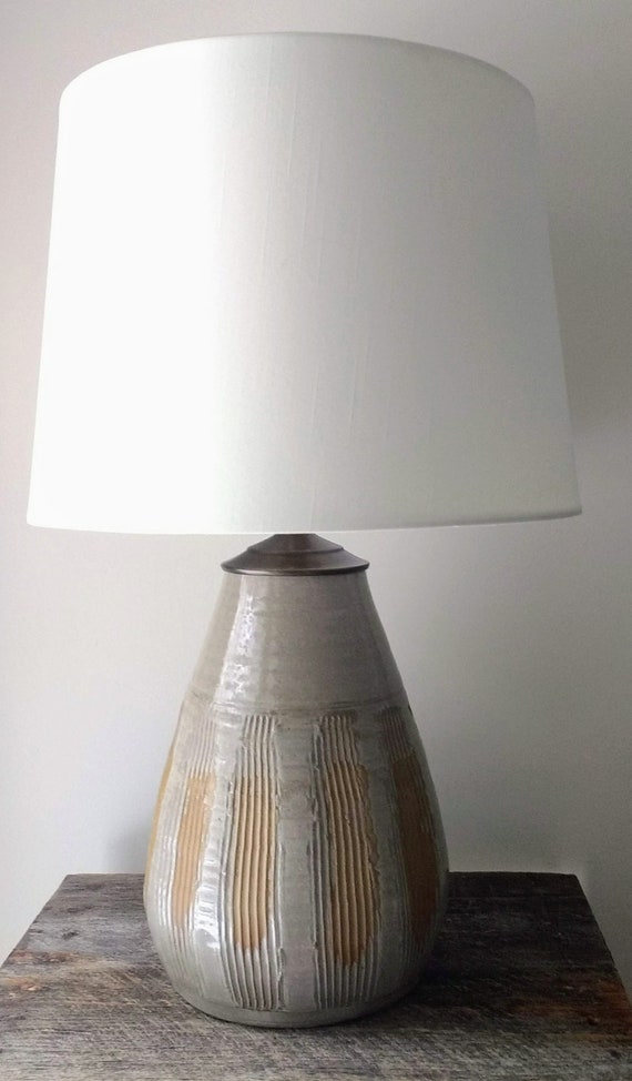 Handmade Table Lamp Carved Pottery Base Neutral Unique Home Lighting Ceramic