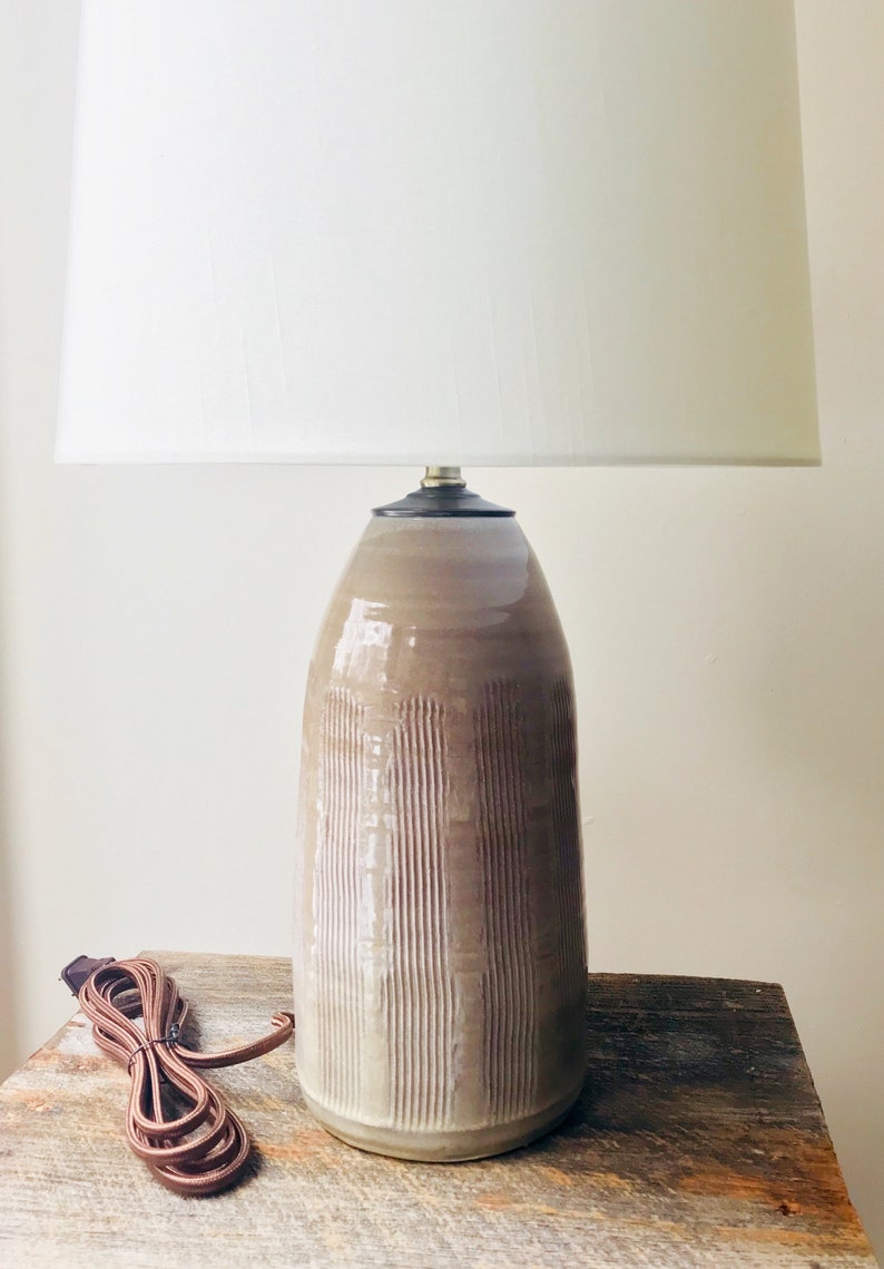 Handmade Table Lamp Carved Pottery Base Neutral Unique Home Lighting Ceramic