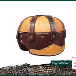 May include: A brown leather helmet with a tan leather top and stitching. The helmet has a rounded shape and is decorated with rivets. The helmet is a digital pattern for crafting.