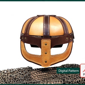 May include: A brown leather helmet with a tan leather top and a stitched design. The helmet has a face mask with a cut-out for the eyes. The helmet is on a background of chainmail.