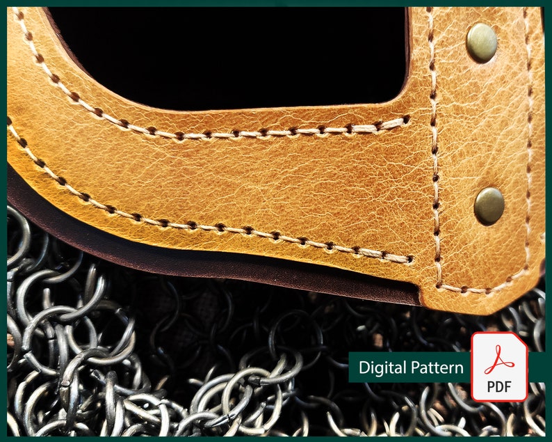 May include: Close-up of a brown leather piece with a stitched edge and metal rivets. The leather is textured and has a worn look. The leather piece is on top of a chainmail background.