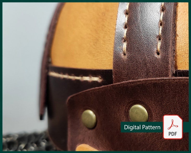 May include: Close-up of a brown leather helmet with tan leather accents and brass rivets. The helmet has white stitching and the text "Digital Pattern PDF" is visible in the lower right corner.