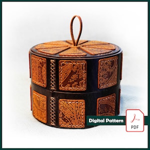 May include: A round, two-tiered leather box with intricate embossed designs in shades of brown and black. The lid features a series of triangular panels. A leather loop serves as a handle. The box is labeled "Digital Pattern" with a PDF icon.
