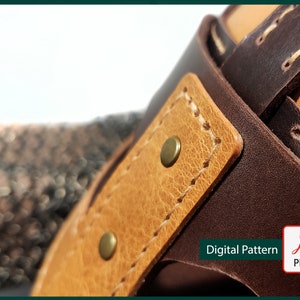 May include: Close-up of a brown leather strap with a tan leather patch and brass rivets. The strap has white stitching and is folded over itself. The text "Digital Pattern PDF" is visible in the lower right corner of the image.