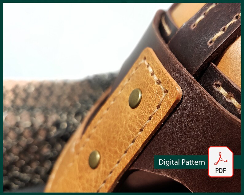 May include: Close-up of a brown leather strap with a tan leather patch and brass rivets. The strap has white stitching and is folded over itself. The text "Digital Pattern PDF" is visible in the lower right corner of the image.