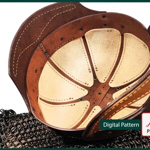 May include: A brown leather hat with a cream colored interior. The hat is made of multiple panels and has a stitched design. The hat is a digital pattern and is available as a PDF download.