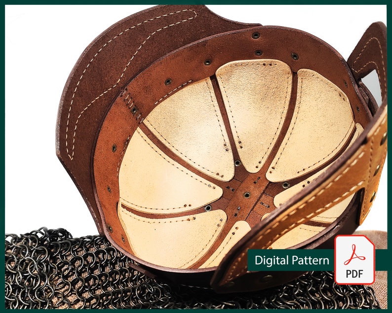 May include: A brown leather hat with a cream colored interior. The hat is made of multiple panels and has a stitched design. The hat is a digital pattern and is available as a PDF download.