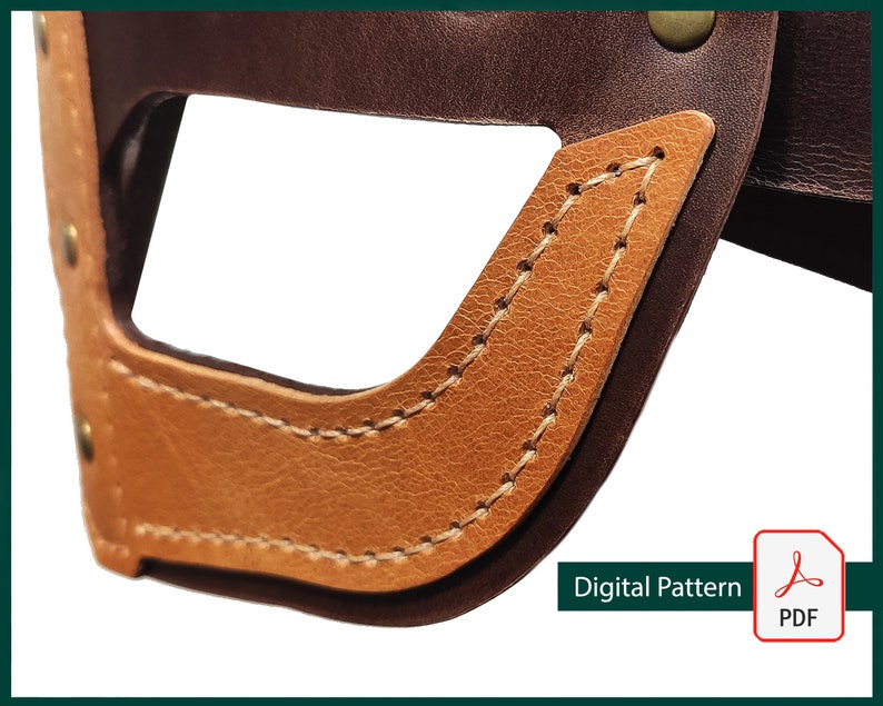 May include: Close-up of a brown leather strap with a tan leather flap. The flap has a stitched edge and a cut-out shape. The text "Digital Pattern" and a PDF icon are visible in the lower right corner.