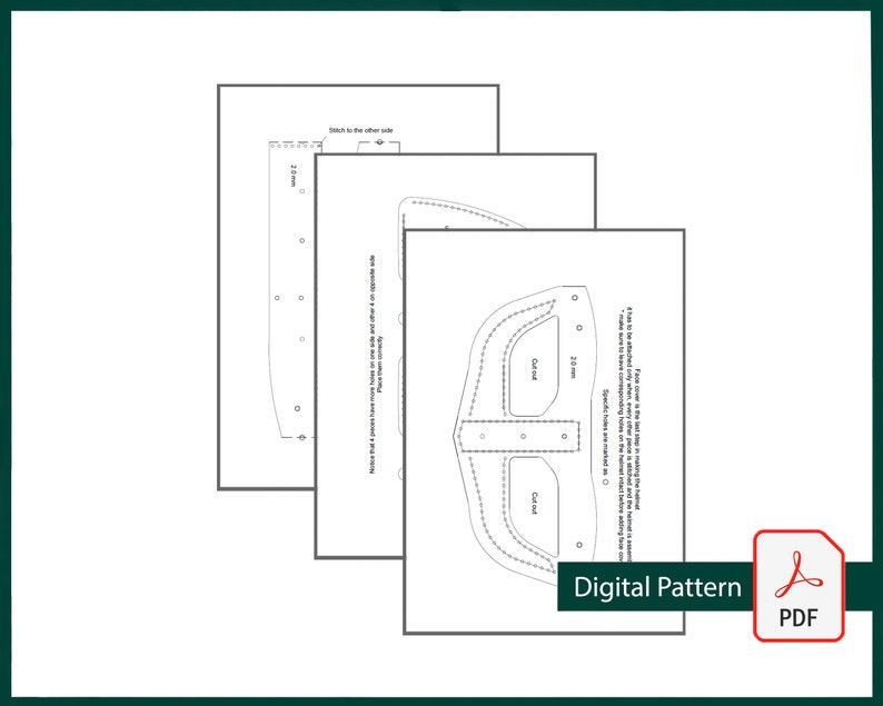 May include: A digital pattern for a leather craft project. The pattern includes two pieces, each with a cut-out shape and labeled "Cut out". The pattern is printed on white paper and includes instructions for stitching and assembly.