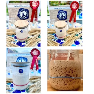 May include: A collection of images showcasing a glass jar with a wooden lid, containing a light-colored substance. The jar is adorned with a red band and a blue emblem. The images also feature wheat stalks, a red ribbon, and text that reads "The New Forest Marque".