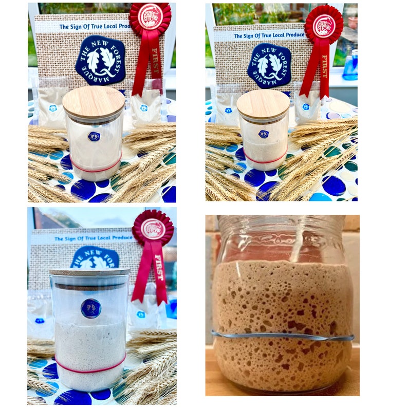 May include: A collection of images showcasing a glass jar with a wooden lid, containing a light-colored substance. The jar is adorned with a red band and a blue emblem. The images also feature wheat stalks, a red ribbon, and text that reads "The New Forest Marque".