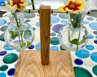 Personalised Bud Vase display/ Plant Propagation Vase with hand crafted solid Oak stand