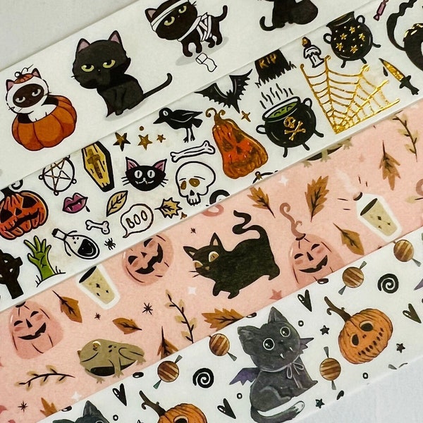 Halloween, cats, kittens, spooky, black, kawaii, pumpkins, spider webs, gold foil, washi tape, SAMPLES