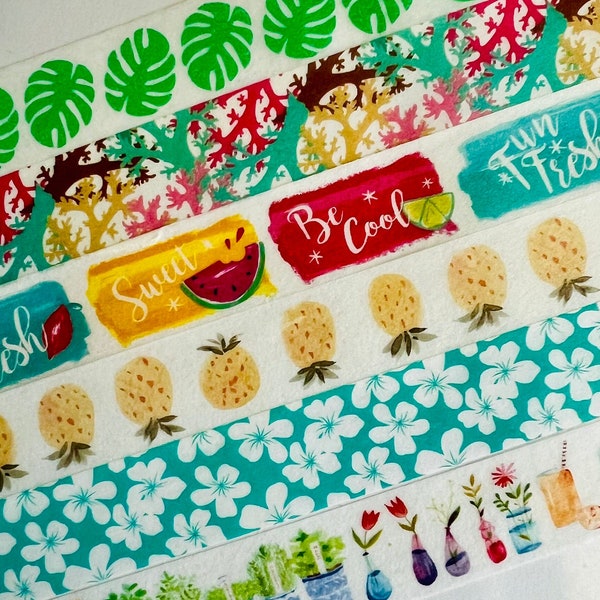 Summer, tropical, coral, beach, cocktails, hibiscus flowers, sunshine, pineapples, palm leaves, citrus, fruit, washi tape, SAMPLES