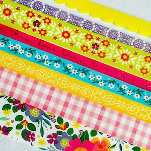 Splendid, Summer, Spring, flowers, bright, colorful, scalloped, gold foil, gingham plaid, skinny, wide,  floral, washi tape, SAMPLES