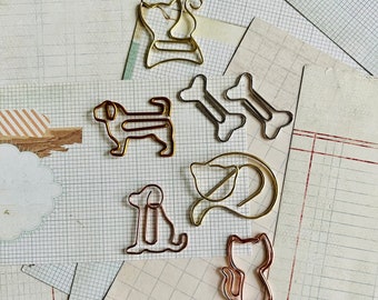 Cat, Dog, dog bone, bones, rose, gold, silver, metal paperclip, bookmarker, page marker