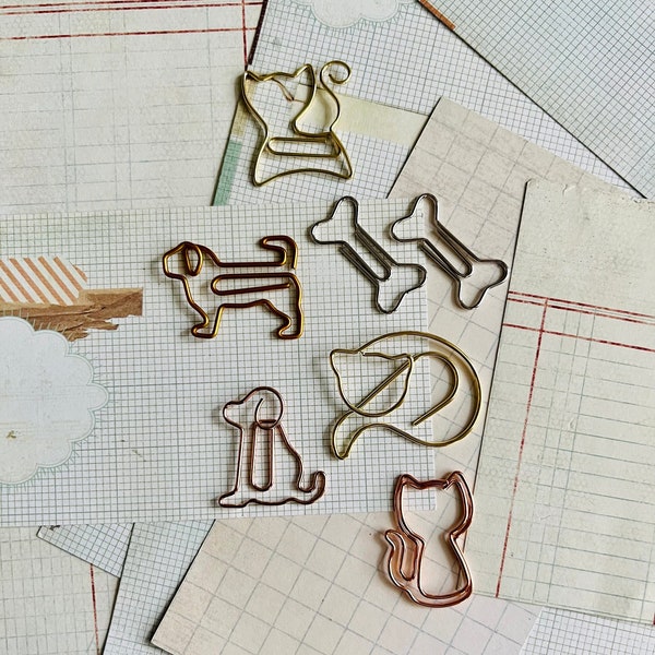 Cat, Dog, dog bone, bones, rose, gold, silver, metal paperclip, bookmarker, page marker