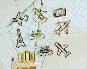 Travel, airplane, rose, gold, silver, Paris, Eiffel Tower, camera, tourist, adventure, paper clips, planner clip, book marker , page marker,