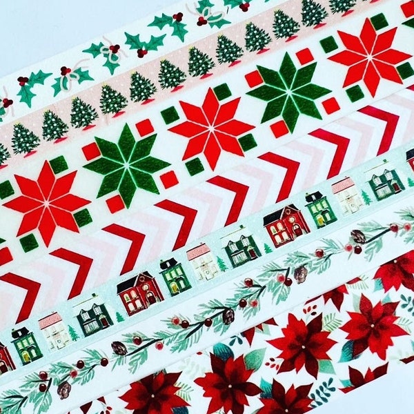 Christmas, holidays, village, garland, poinsettia, retro, vintage, holly, tree, presents, pink and red,  washi tape, SAMPLES